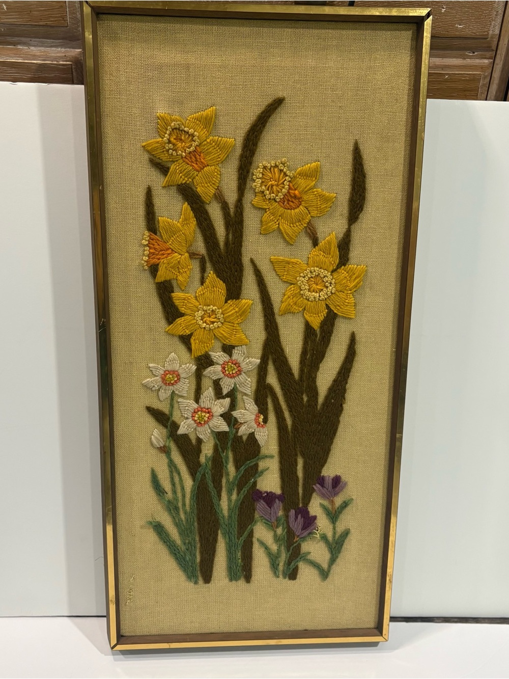 VTG Crewel Floral Daffodil Paragon Needlepoint 70s Framed Fiber Wall Art 13"x27"